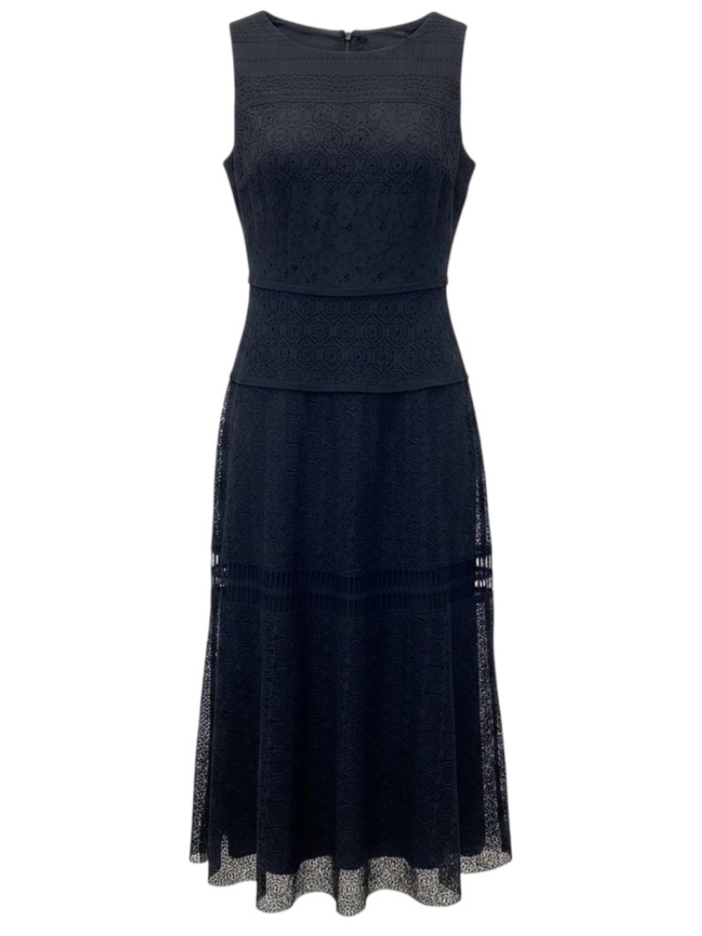 TALBOT RUNHOF NAVY BLUE SLEEVELESS LACE MIDI DRESS
